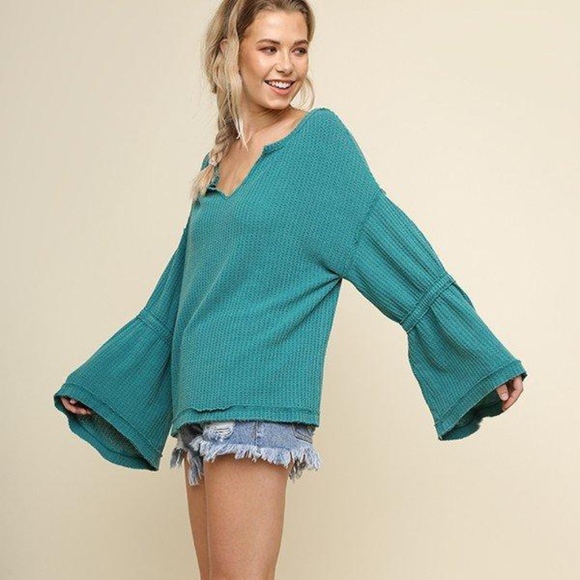She and Sky Tops - Slouchy Bell Sleeved Teal Waffled Shirt